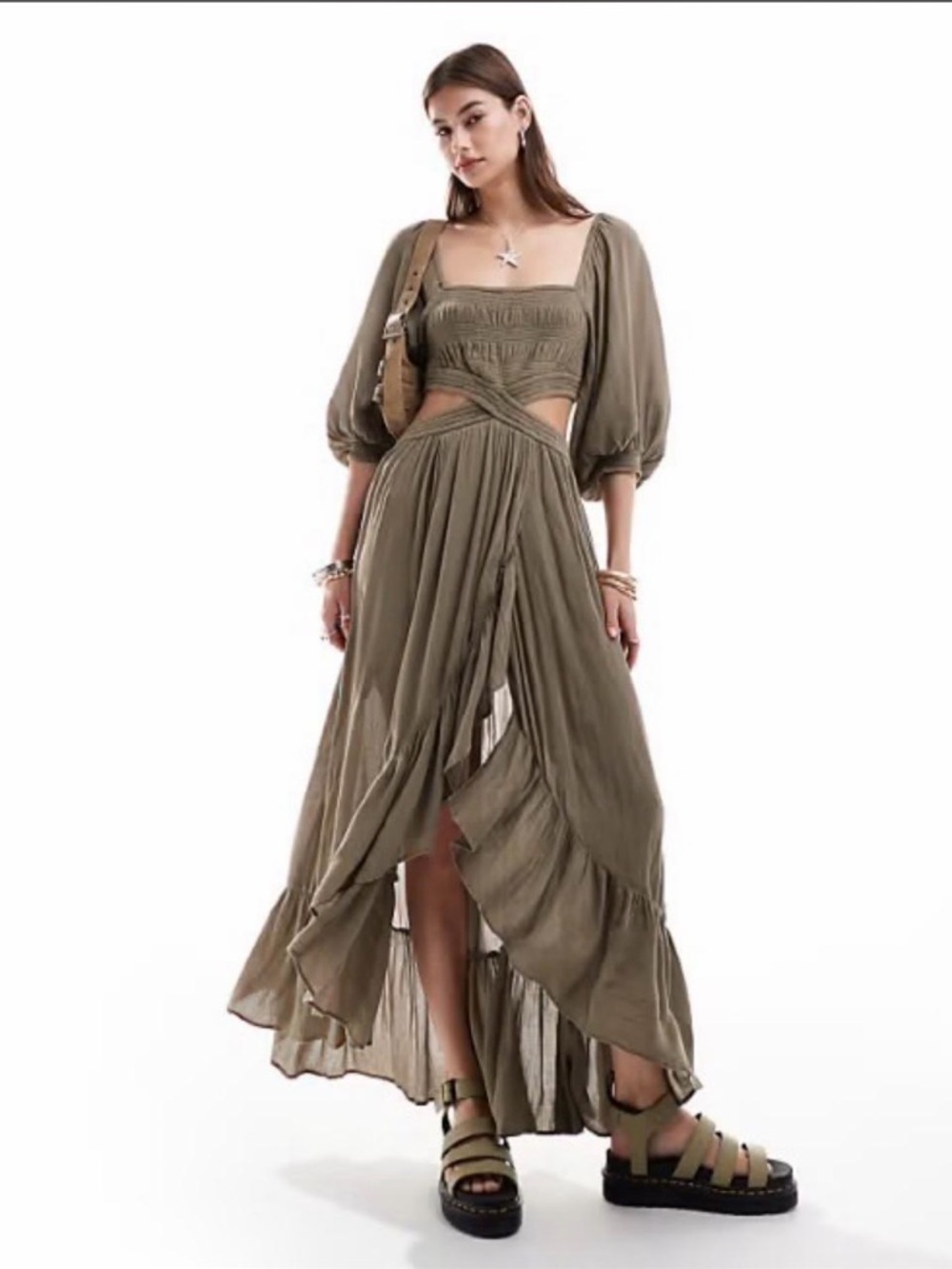 Free People Cross My Heart Cut-out Olive Brown High-Low Maxi Dress